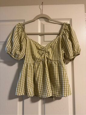 Gingham Puff Sleeve Peplum Top - Sage /White
